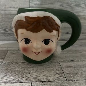 Pottery Barn Christmas Elf Boy Coffee  Mug Tea Cup Green Elf Hat Ceramic.
